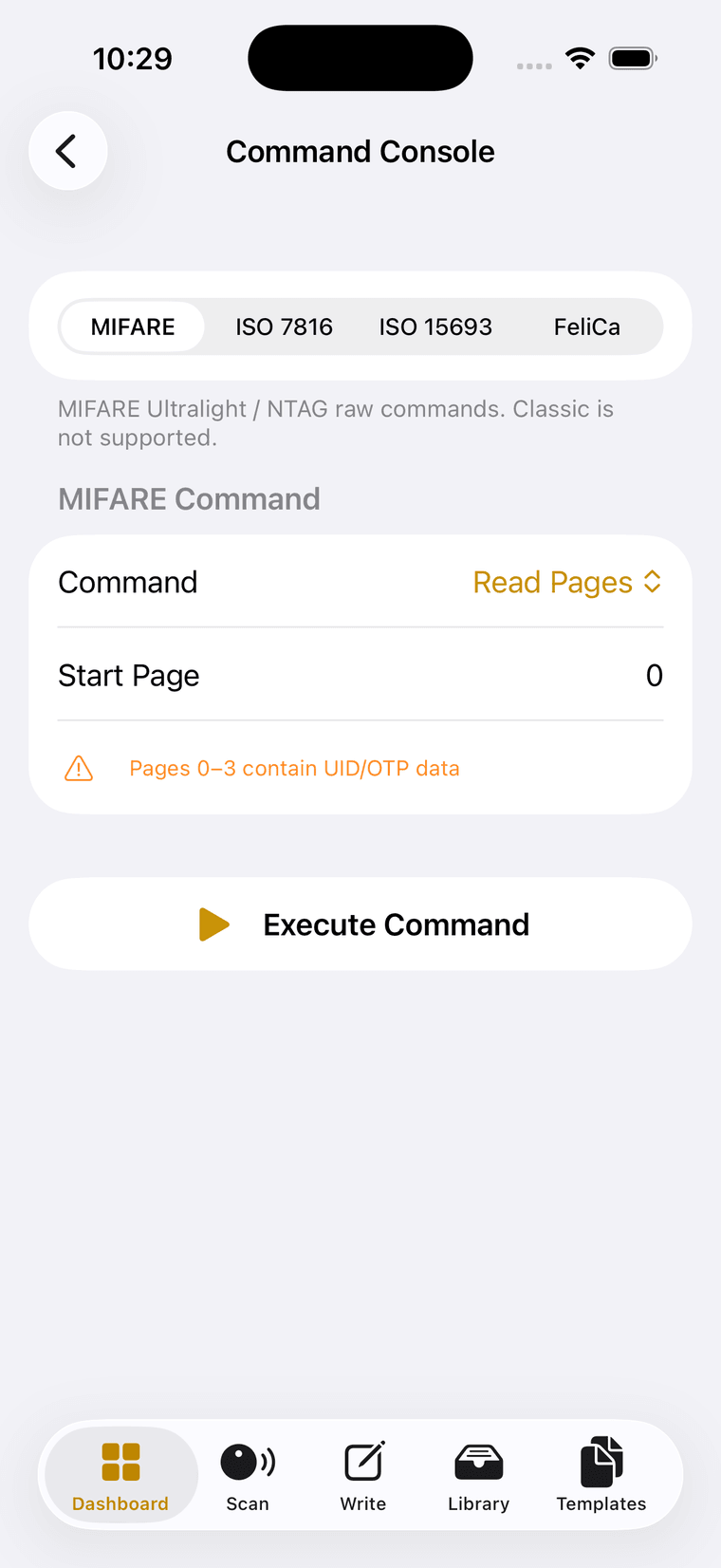 The same Command Console screen in the light theme, with the MIFARE protocol tab selected, a Read Pages command, a start page of zero, and an Execute Command button.