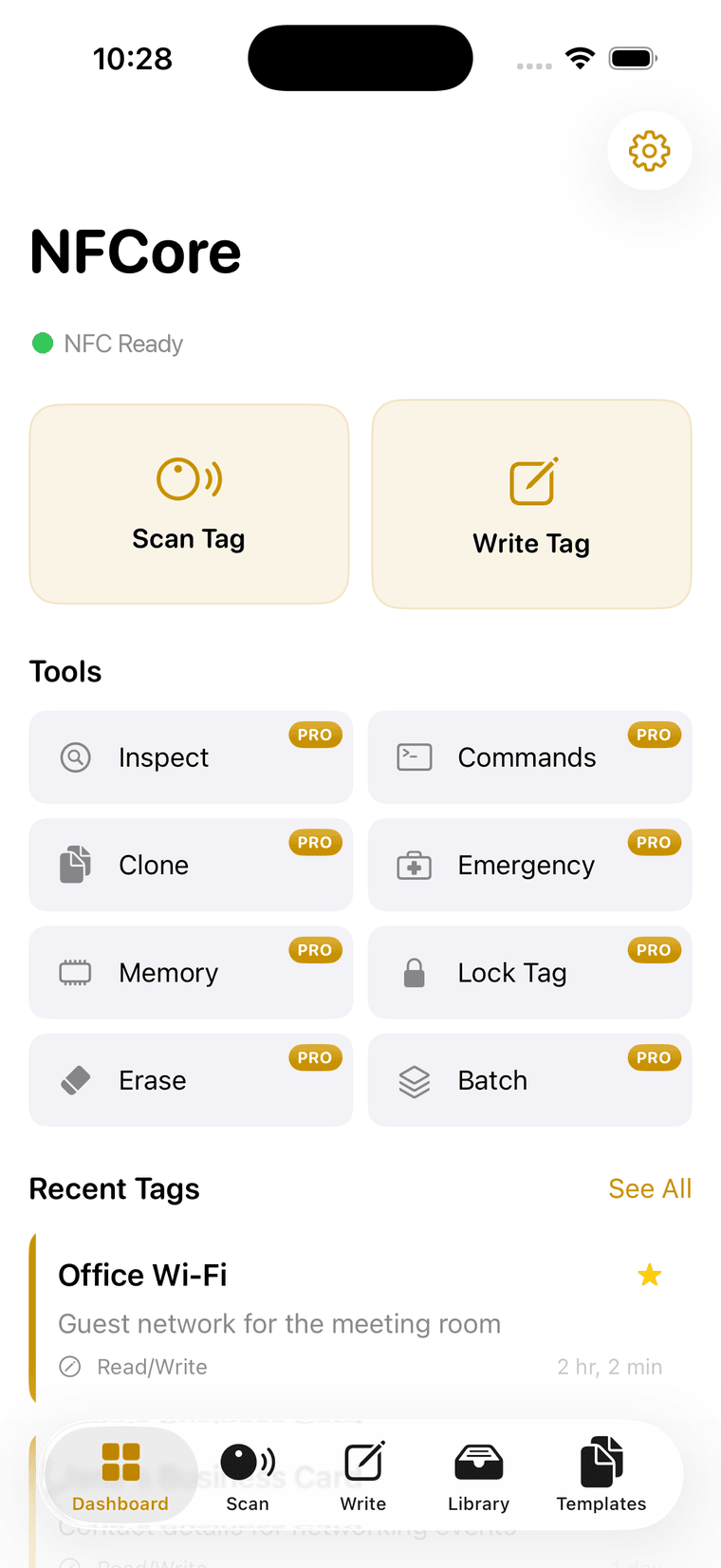 The NFCore dashboard, showing Scan Tag and Write Tag as the two primary actions, a grid of ten tools, and a list of recently scanned tags.