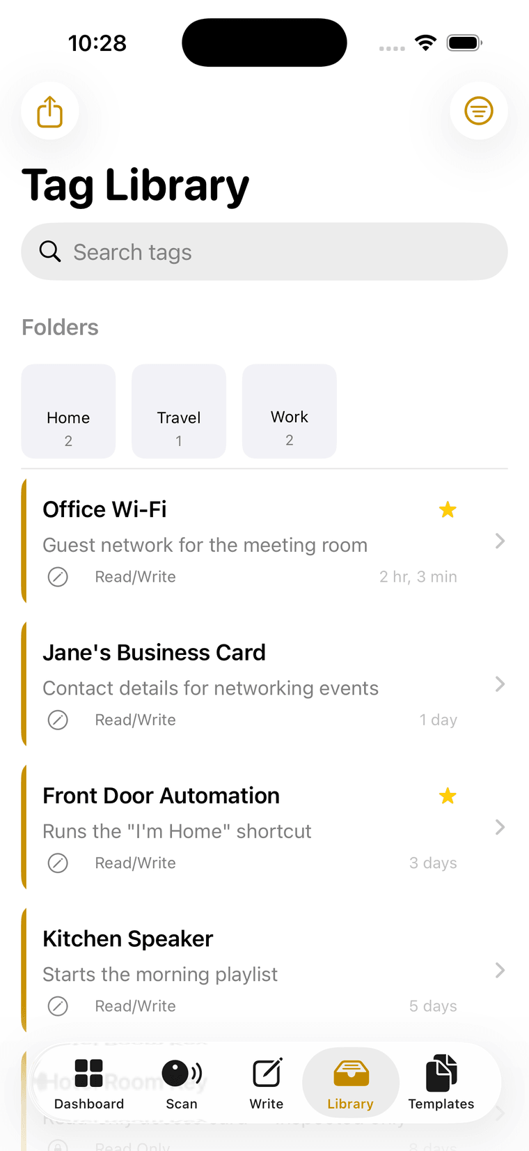 The Tag Library screen: a search field, three folders named Home, Travel and Work, and a list of saved tags with status and last-scanned time.